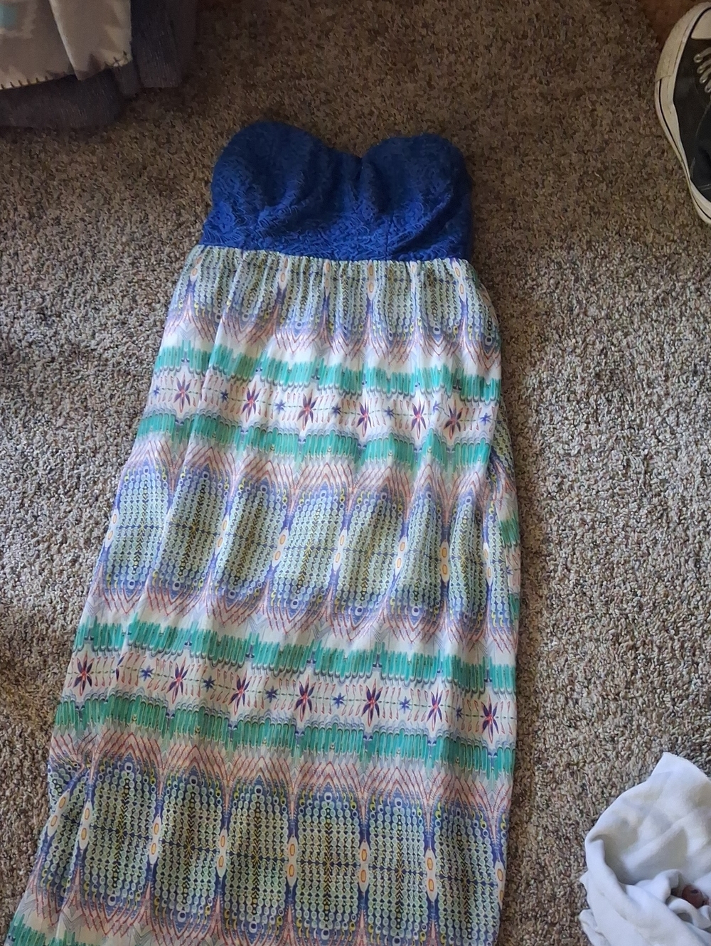 Girls Blue Lace Strapless Maxi Dress with Multicolor Printed Skirt